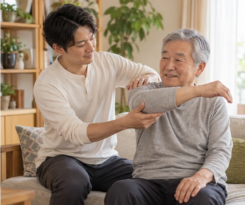 自宅で座った姿勢の運動を支援するイメージ（AI生成）
