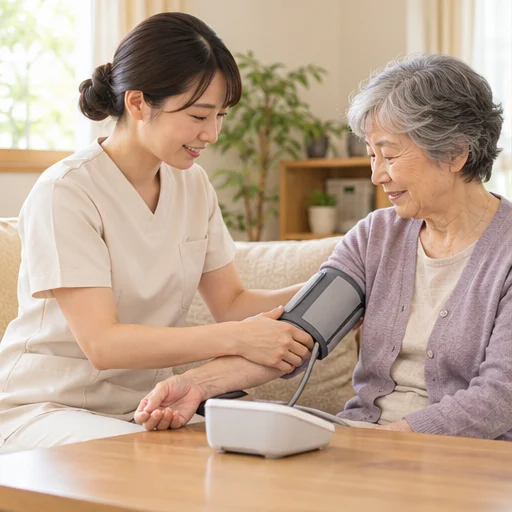 ご自宅で血圧を確認する支援のイメージ（AI生成・実際の訪問場面ではありません）