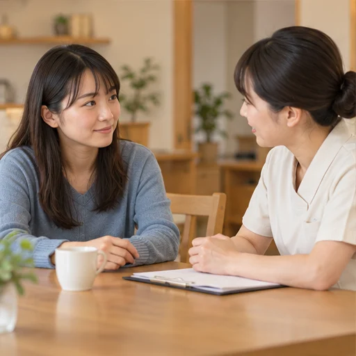 落ち着いた室内で相談に耳を傾ける心のケアのイメージ（AI生成・実際の訪問場面ではありません）