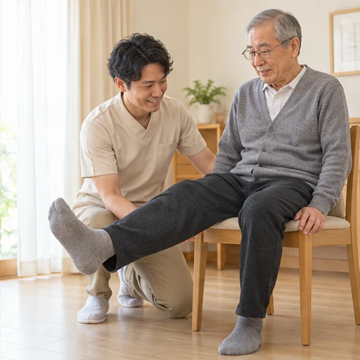 椅子に座った姿勢で脚の運動を支援するイメージ（AI生成・実際の訪問場面ではありません）